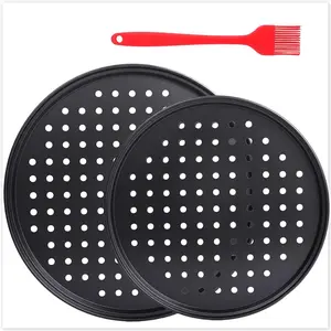 2 Pcs Perforated Pizza tray, Steel Perforated Pizza Pan, Non-Stick Professional Pizza Pan with Oil Brush