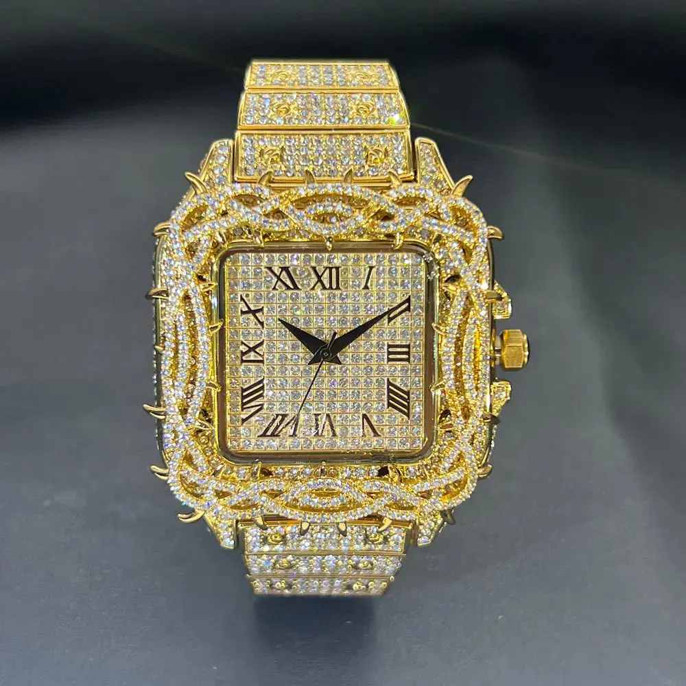 Watch For Men Fashion Luxury Gold Square Diamond Full Sky Star Male's Clock Watches New Skeleton Flower Quartz Wristwatch 2025, Classic Quartz Watch, Elegant Analog Dial