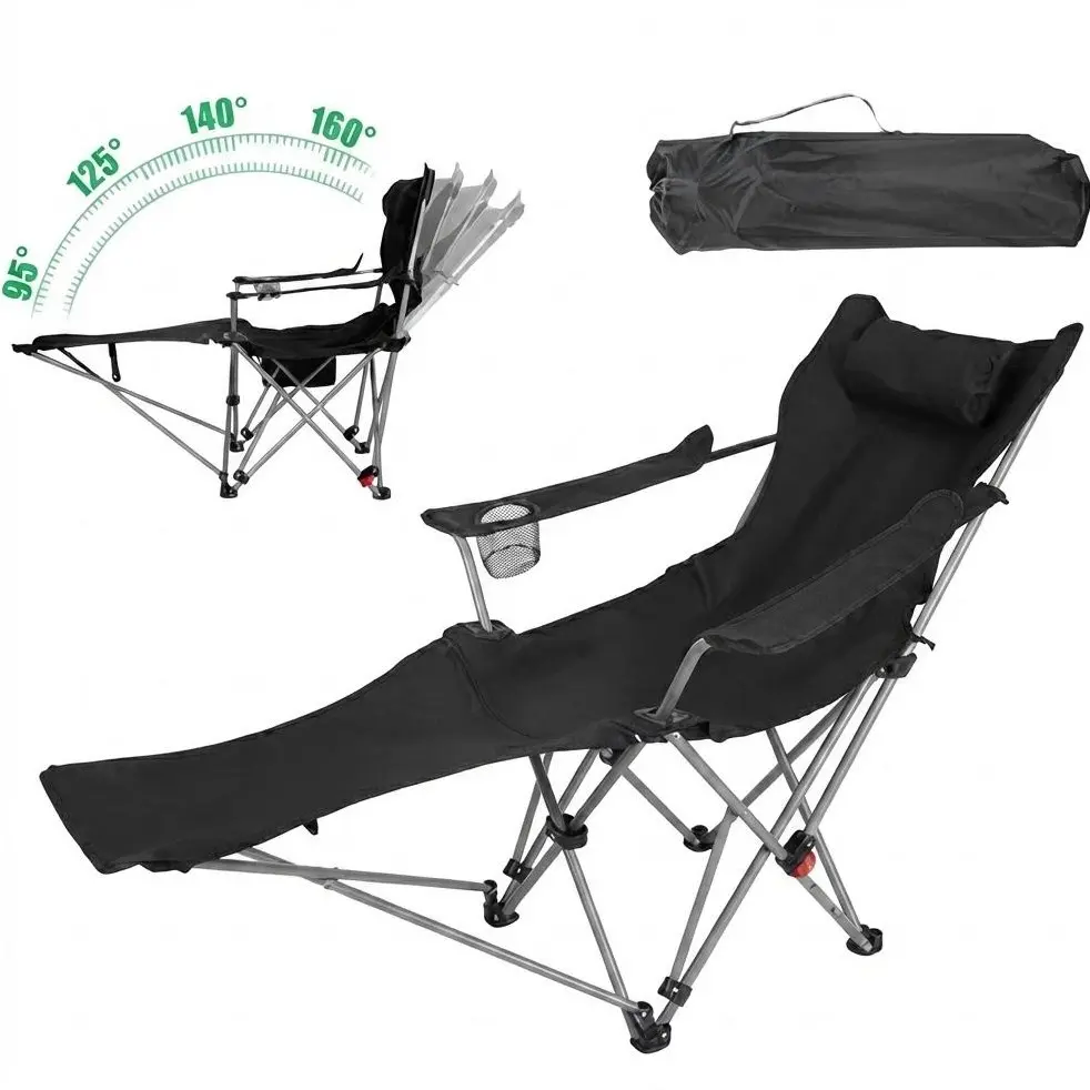 Heavy Duty Reclining Camping Chair with Footrest, 4-Position Adjustable Outdoor Folding Lounge Chair with Headrest, Cup Holder & Side Pocket for Beach, Patio, and Travel