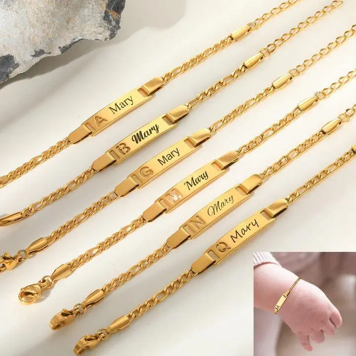 Vnox Free Engraving Baby Bracelet For Girls Boys,Stainless Steel A-Z Letter Hollow Nameplate Chain Bracelets,Personalize Jewelry