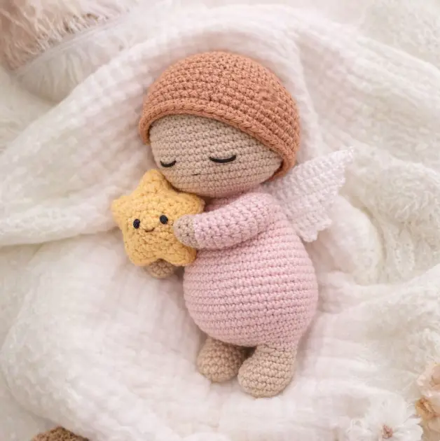 Handmade Crochet Sleeping Baby Angel Plush | Cute Amigurumi Angel Doll with Star & Moon | Soft Knit Newborn Baby Shower Gift | Aesthetic Nursery Room Decor Plushie