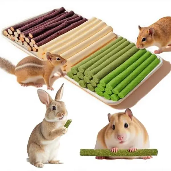 GREMBEB Bunny Chew Stick Rabbit Toy Treat 4 in 1 Molar Stuff Organic Natural Snack Apple Branch Sweet Bamboo Timothy Hay Alfalfa Food Clean Teeth Hamster Chinchilla Parrot Gerbil Squirrel
