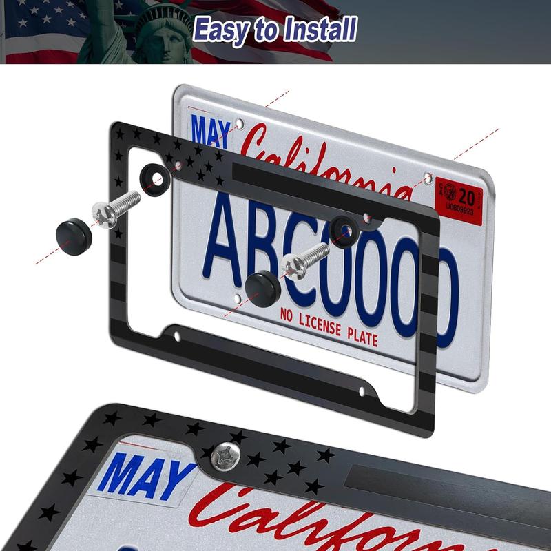 Flag License Plate Frames- 2 Pack Black Grey Patriotic Aluminum Tag Holder Cover for Front Rear, with Screws Caps Flag License Plate Frames- 2 Pack Black Grey Patriotic Aluminum Tag Holder Cover for Front Rear, with Screws Caps