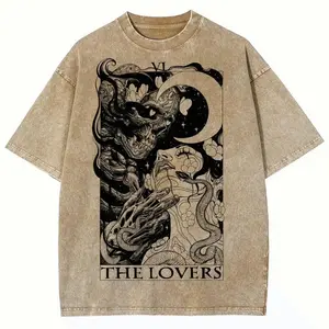Women's Oversized Ribbed Short-Sleeve Tarot 'The Devil' Card Washed T-Shirt, 100% Combed Cotton Round Neck Fabric, Relaxed Fit, USA-Made Casual Everyday Wear