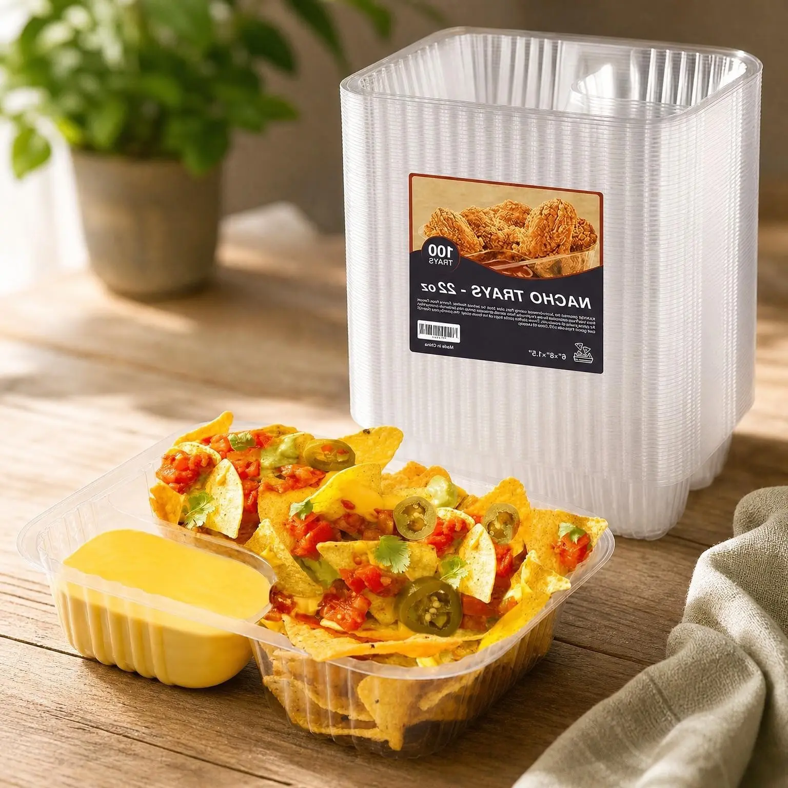 100 Pcs Nacho Trays - Large 6"x8" Disposable 22 Oz - 2 Compartments Clear Plastic Nacho Containers with Chip and Dip Holder - Ideal For All Occasions