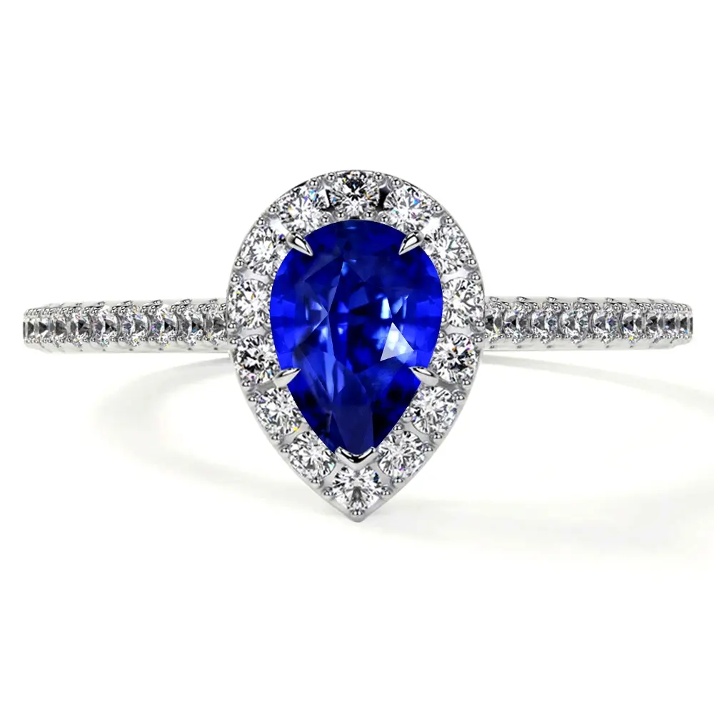 Dainty Pear Shape Untreated Blue Sapphire Halo Ring with Pave Set Diamonds (1.18cttw)- RBS018-7X5-AAAAA