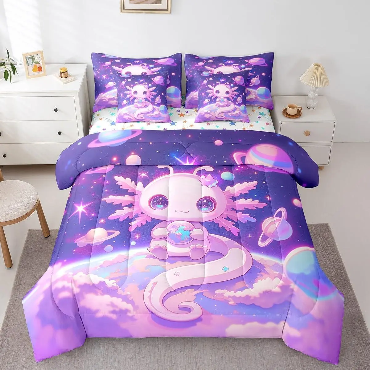 Kids Cute Axolotl 7 Pieces Bedding Set ,Galaxy Planet Space Bed in A Bag Cartoon Animal Comforter Set with Sheets Boys Girls Dreamy Starry Teens Bed Set Bedroom Decor 7Pcs