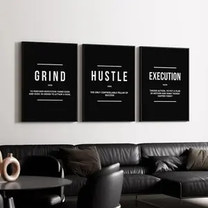 3-Piece 12x18 Inch Motivational Canvas Wall Art Set - Grind Hustle Execution Office Decor - Minimalist Entrepreneur Framed Printing for Home Office and Study