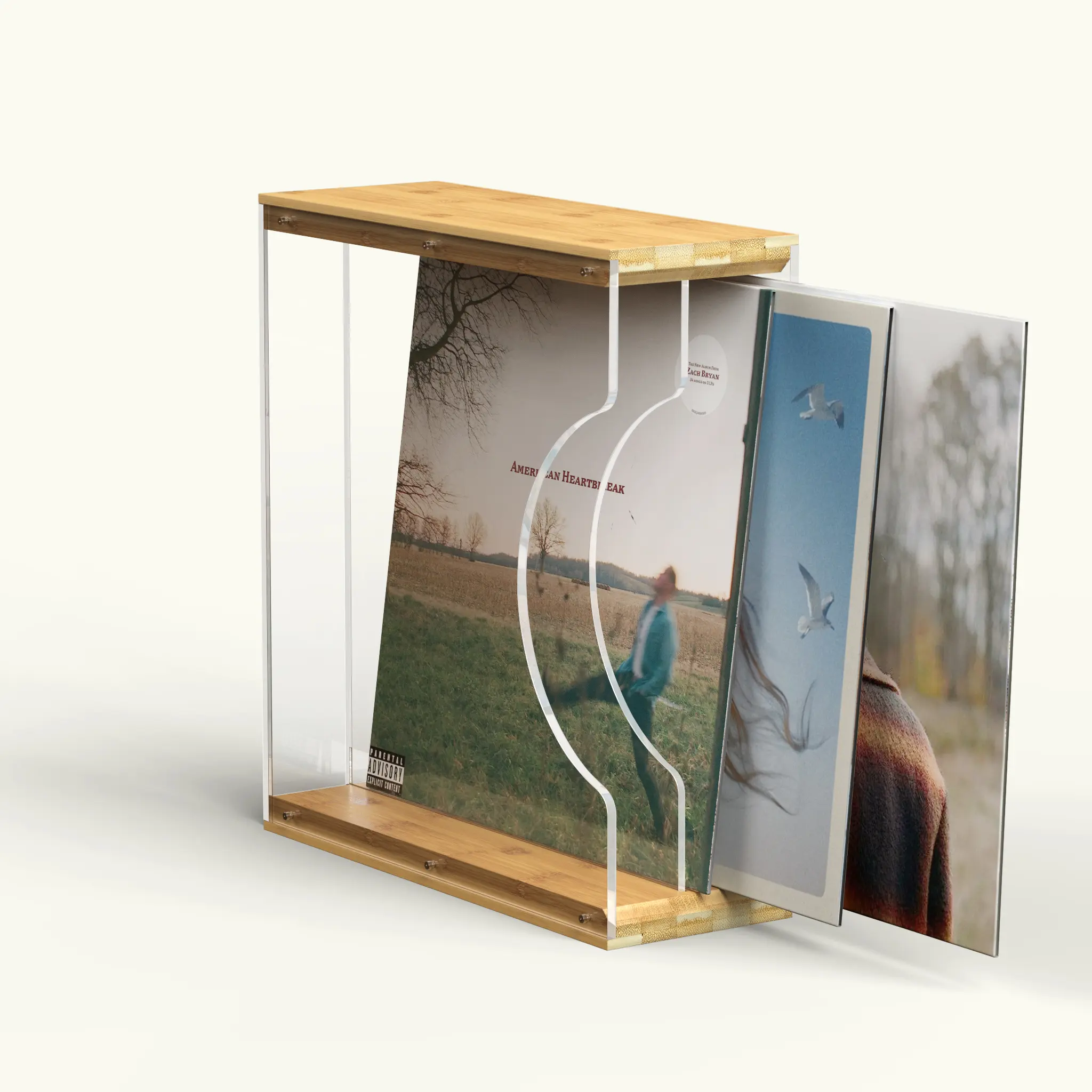 TAKMORK Vinyl Record Storage Holder Solid Wood with Crystal Clear Acrylic Holder for Organized Display Holds 20+ Vinyl Turntable Records Function Polished
