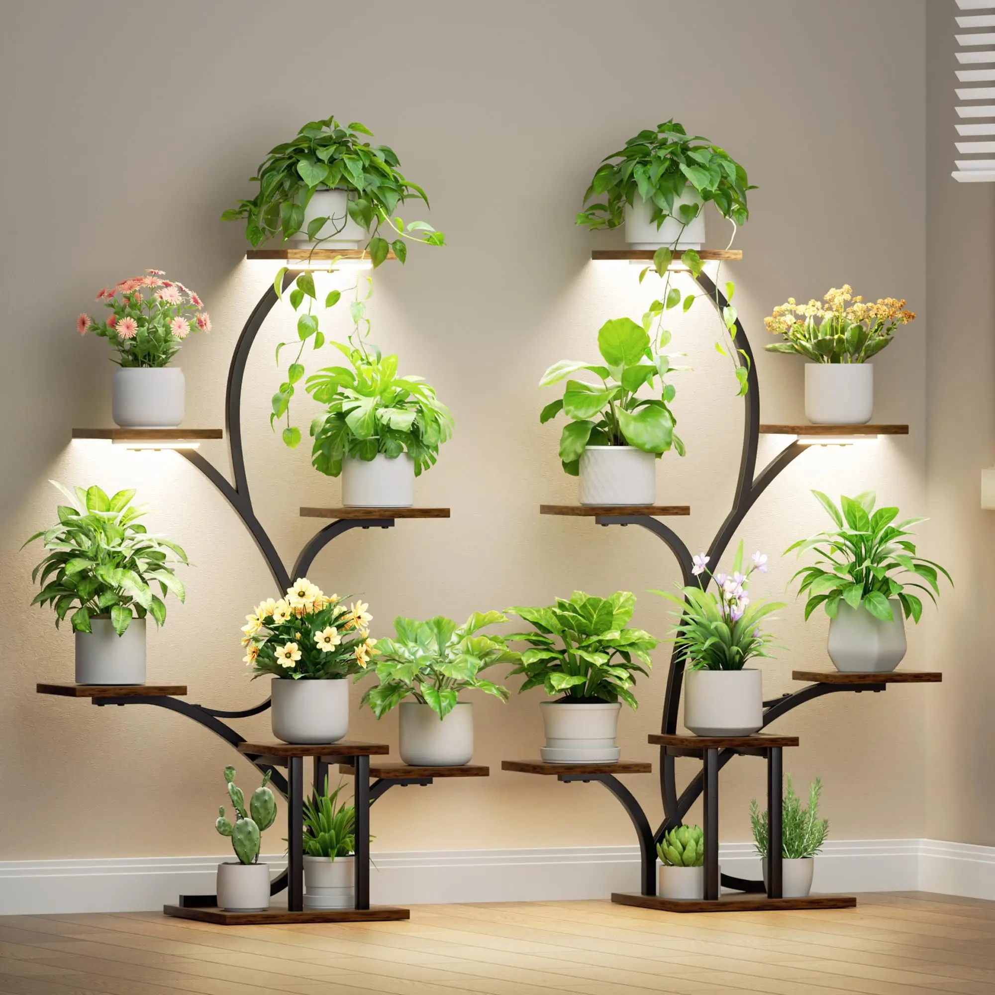 2 Pack Plant Stand Indoor with Grow Lights, 7 Tier Lighted Corner Plant Stands for Indoor Growing, 40" Metal Flower Holder, Tree-Shaped Display Shelves with Adjustable Light, Black