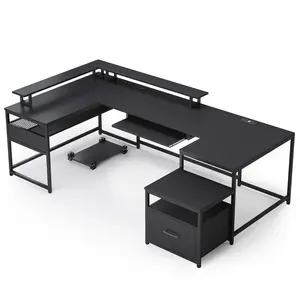 Sikaic 101.5 Inches U Shaped Reversible Computer Desk Black