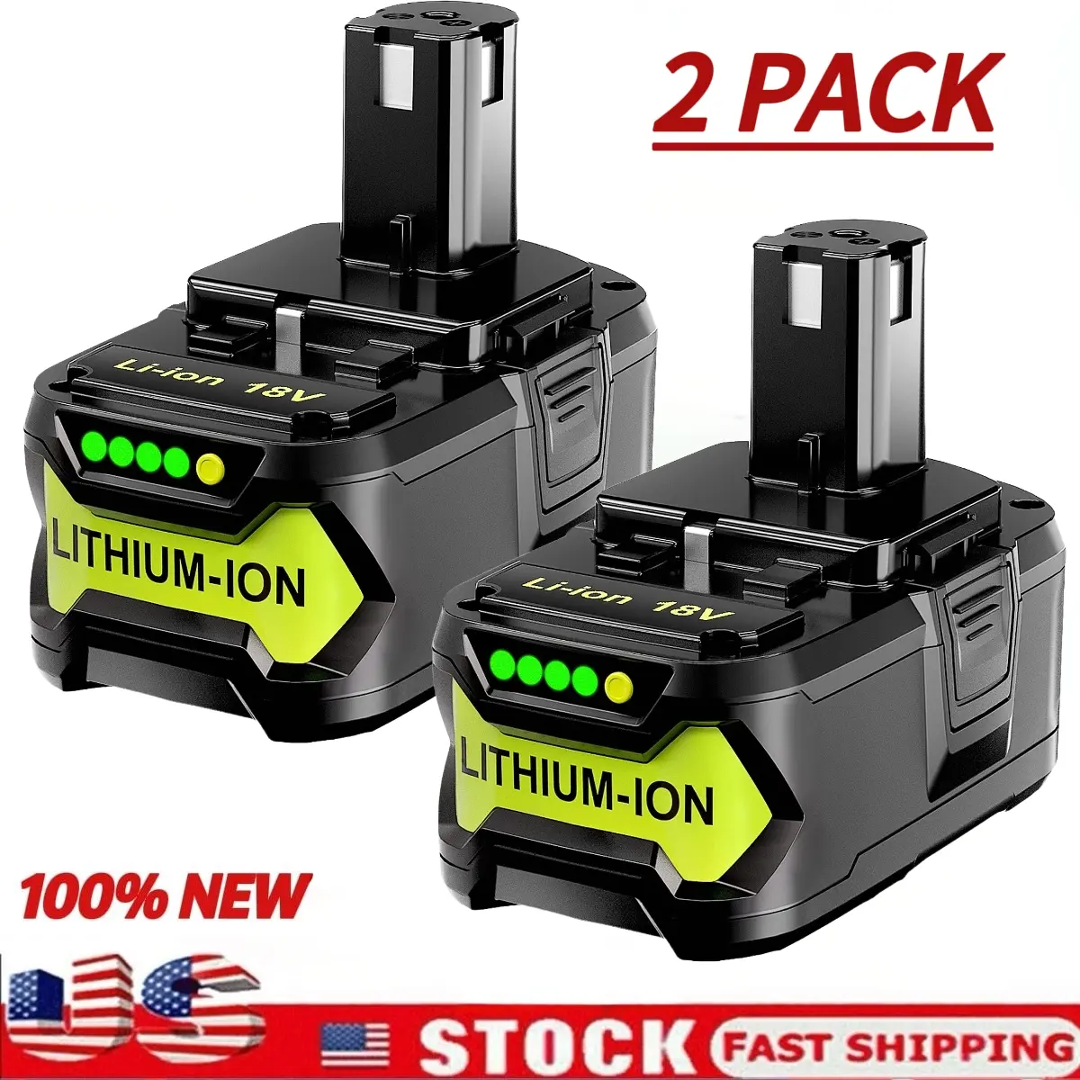 100% NEW 2PACK For RYOBI P108 18V 8.0Ah One+ Plus High Capacity Battery 18 Volt Lithium P108 Long Endurance High Output with LED indicator CLEARANCE SALE