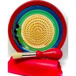 , -in-  Ceramic Garlic Grater Plate 4- Set - Classic Multicolor Olive Design - For Garlic, Ginger, , and ! - Comes with 5.25" Plate, Peeler, Brush, and Stand