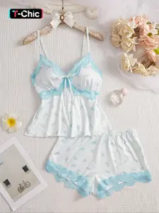 Women's Sleepwear Set with Shorts & Vest Top, Sweet Holiday Daily Wear, Cute Lace Pajama Set, Birthday Gift, Fitted Bow Design