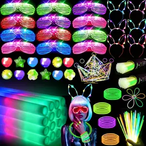 142-Piece Glow Party Kit: 12 foam glow sticks, 12 pairs of LED glasses, 100 glow sticks, 12 finger ring lights, 6 glow headbands. Perfect for weddings, concerts, carnival parties, birthday gatherings, Halloween, Christmas events, and party supplies.