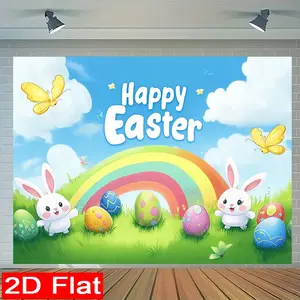（JIT)1PC, Easter White Rabbit Easter Egg Butterfly and Rainbow 2D flat photography background cloth and party banners, suitable for New Year celebrations, holiday parties, home photography, garden decoration backgrounds