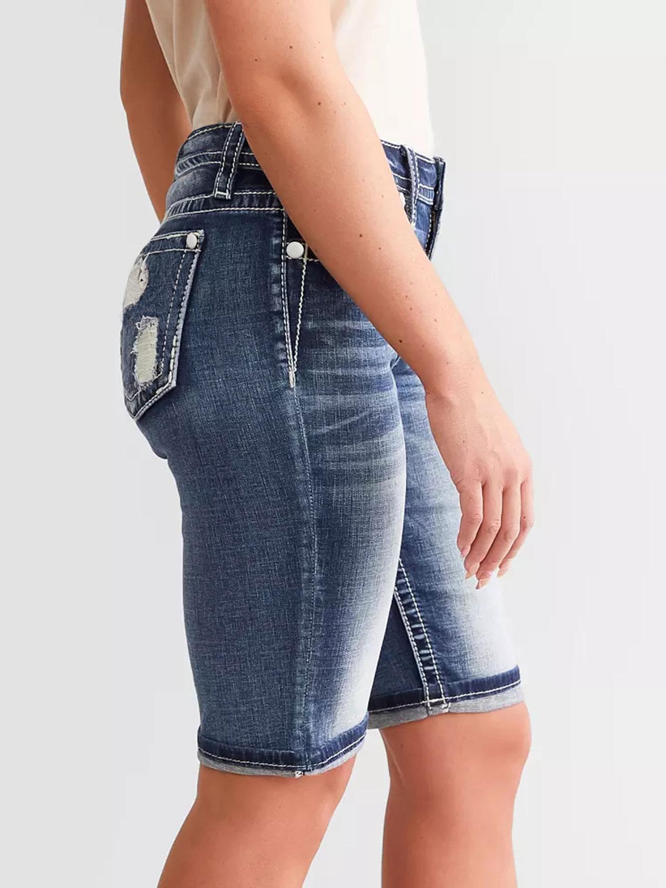 Women Skinny Denim Shorts Back Embroidery Ripped Frayed Raw Hem Distressed Casual
