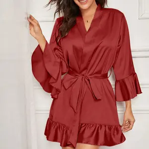 Sexy Robe Satin Silk Pajamas Kimono Women Solid Color Nightdress Lingerie Bride Wedding Robe Underwear Sleepwear Lady Bathrobe silk  pajama