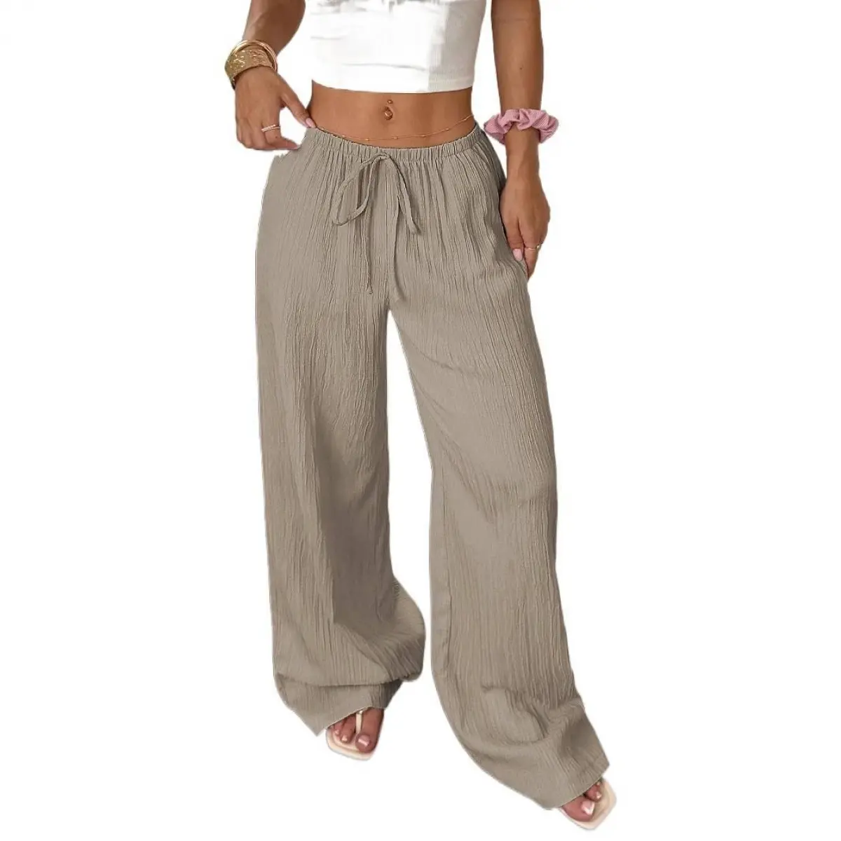 Women's Textured Wide-Leg Pants - Elegant Basic Comfortable Simple Clothes, Flattering Korean Knotted Waist, Breathable Fabric, Pockets, Summer Casual Bottom Trousers (Pink)