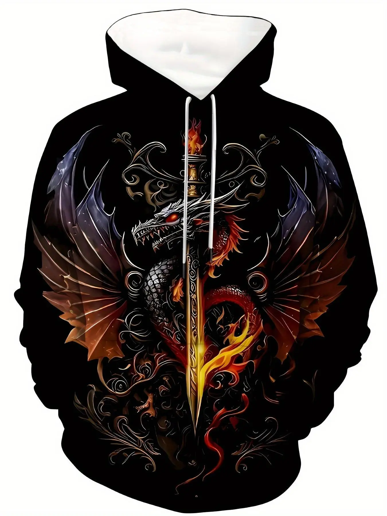 Men's Novelty Fashion Casual Long Sleeve Hoodie, Menswear, Knight's Guardian Sword Print, Outdoor Hooded Sweatshirt with Drawstring, Kangaroo Pocket, Long Sleeve, Casual Sports Sweater, Spring, Autumn and Winter, Travel Clothing, Printed Hoodie