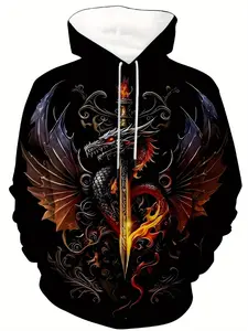 Men's Novelty Fashion Casual Long Sleeve Hoodie, Menswear, Knight's Guardian Sword Print, Outdoor Hooded Sweatshirt with Drawstring, Kangaroo Pocket, Long Sleeve, Casual Sports Sweater, Spring, Autumn and Winter, Travel Clothing