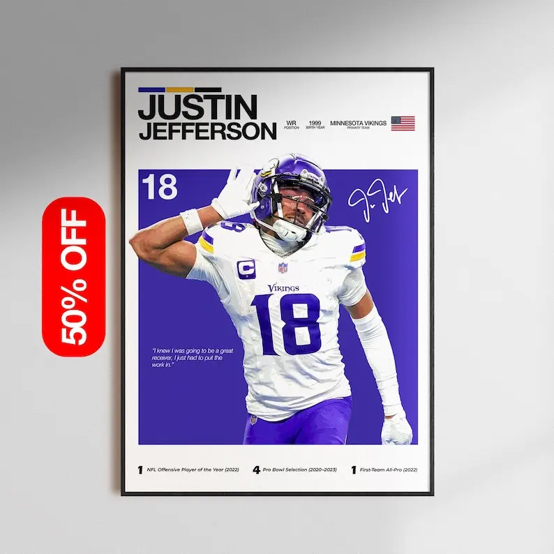 [Unframed Poster] Justin Jefferson Poster, Minnesota Vikings Wall Art, NFL Football Print, Wide Receiver , Sports Decor Gift for Vikings Fans