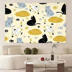Linen Horizontal Cat Tapestry - Multicolor Kitten & Paw Print Wall Hanging with Seamless Repeating Design, Adhesive-Free Installation, Cozy Minimalist Home Decor for Bedroom, Photo Backdrop