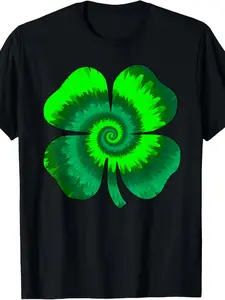 Men'S Retro St. Patrick'S Day Four-Leaf Clover Tie-Dye Lucky Shamrock T-Shirt - with Neon Green Print, Comfortable Casual Short Sleeve Round Neck Tee for Irish Festivals, Casual Attire & Year-Round Outfits| Playful Graphic Design