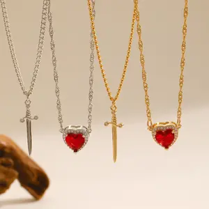 Women's Heart Arrow Statement Necklace - Red Cubic Zirconia Dagger Pendant, Adjustable Fine Collarbone Chain, Trendy Romantic Costume Jewelry for Valentine’s Day Gift
