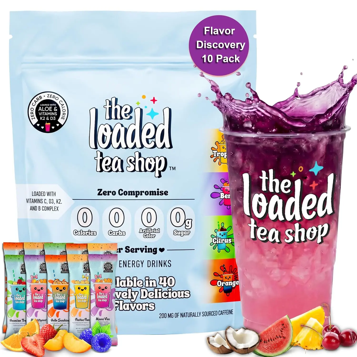The Loaded Tea Shop Energy Drink Mix Sticks Flavor Discovery 10 Pack, Sugar Free, Zero Calorie Powder Drink Mix, 200mg Natural Green Tea Caffeine, B Vitamins, No Artificial Colors or Flavors, Easy Mix Drink Packets