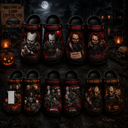 (No Box) Halloween Team 3D Clogs, Spooky Graphic Slip On Shoes, Lightweight Casual Footwear