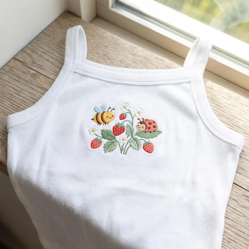 Strawberry Garden Embroidered Tank Top, Cute Bee Ladybug Ribbed Shirt, Berry Floral Cottagecore Top, Nature Lover Gift
