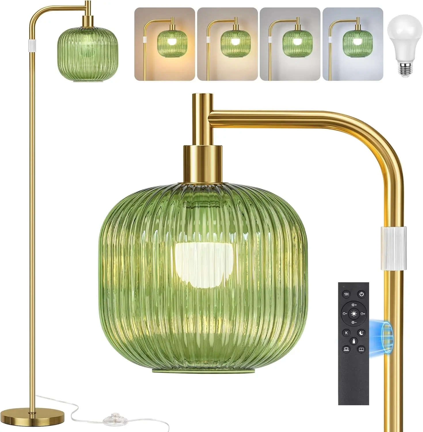 Glass Floor Lamp for Living Room, Modern Standing Lamp with Green Ribbed Glass Lampshade, Remote Control & Adjustable Height, 65” - 70”Tall Lamp for Bedroom Study Room, Brushed Gold