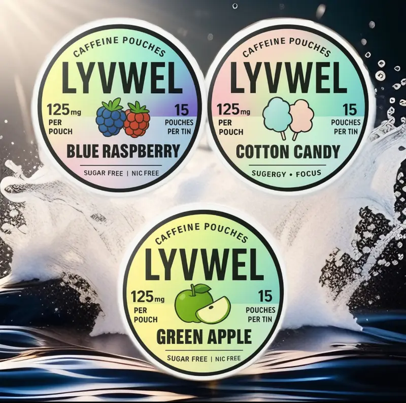 LYVWEL 3 Cans 125mg Caffeine Pouches Blue Raspberry Green Apple Cotton Candy Sugar-Free Gluten-Free Extreme Energy Focus Sport Beverage Drink
