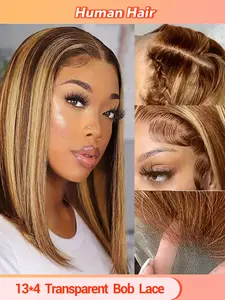 Highlight Ombre Lace Front Wig Human Hair Pre Plucked 13x4 Transparent 4/27 Honey Blonde Lace Frontal Wigs with Baby Hair 180% Density Colored Straight Lace Front Wig Silky Straight Wig