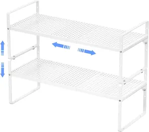 NEW Expandable Kitchen Cabinet Shelf Organizers 2 Pack, Stackable Metal Pantry Storage Shelves Rack, Adjustable Counter Shelf for Cabinets, Countertop, Cupboard Organizers and Storage, White