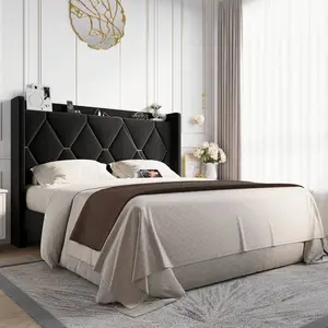 Allewie Velvet Full/Queen/King Size Upholstered Bed Frame With Wingback Storage Headboard & Charging Station, Platform Bed With Diamond Tufted Design & Gold Trim, No Box Spring Needed, Easy Assembly, Black