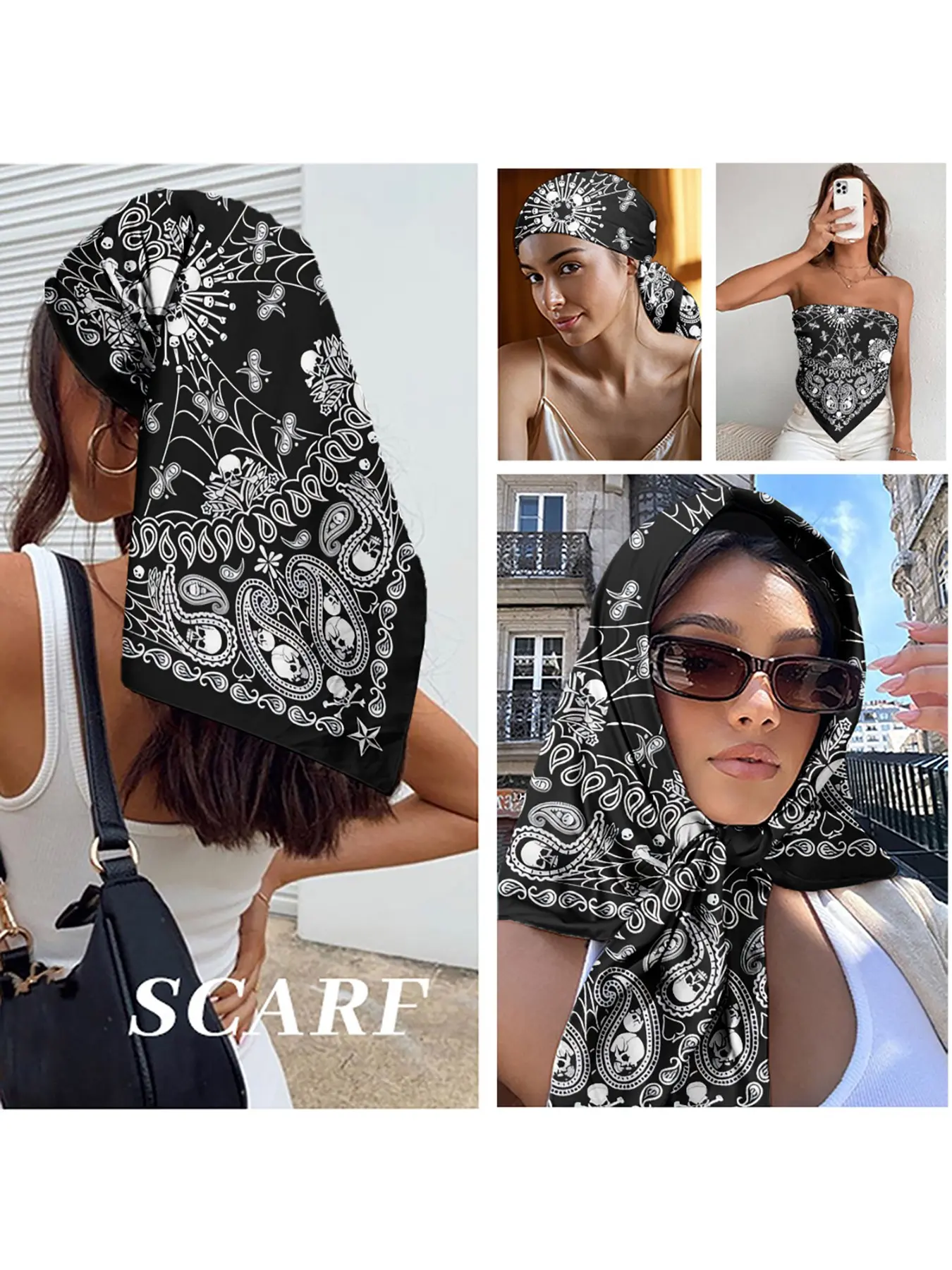 Gothic Skull Floral Satin Scarf, Halloween Spider Web Print Silk-Like Headscarf, Multi-Use Hairband for Punk Festival Parties
