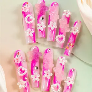 Flower & Bow Decor Fake Nails, 10pcs/set Long Square Press on Nails for Women & Girls DIY Crazy Nail Art, Elegant Stick on Nails Kit