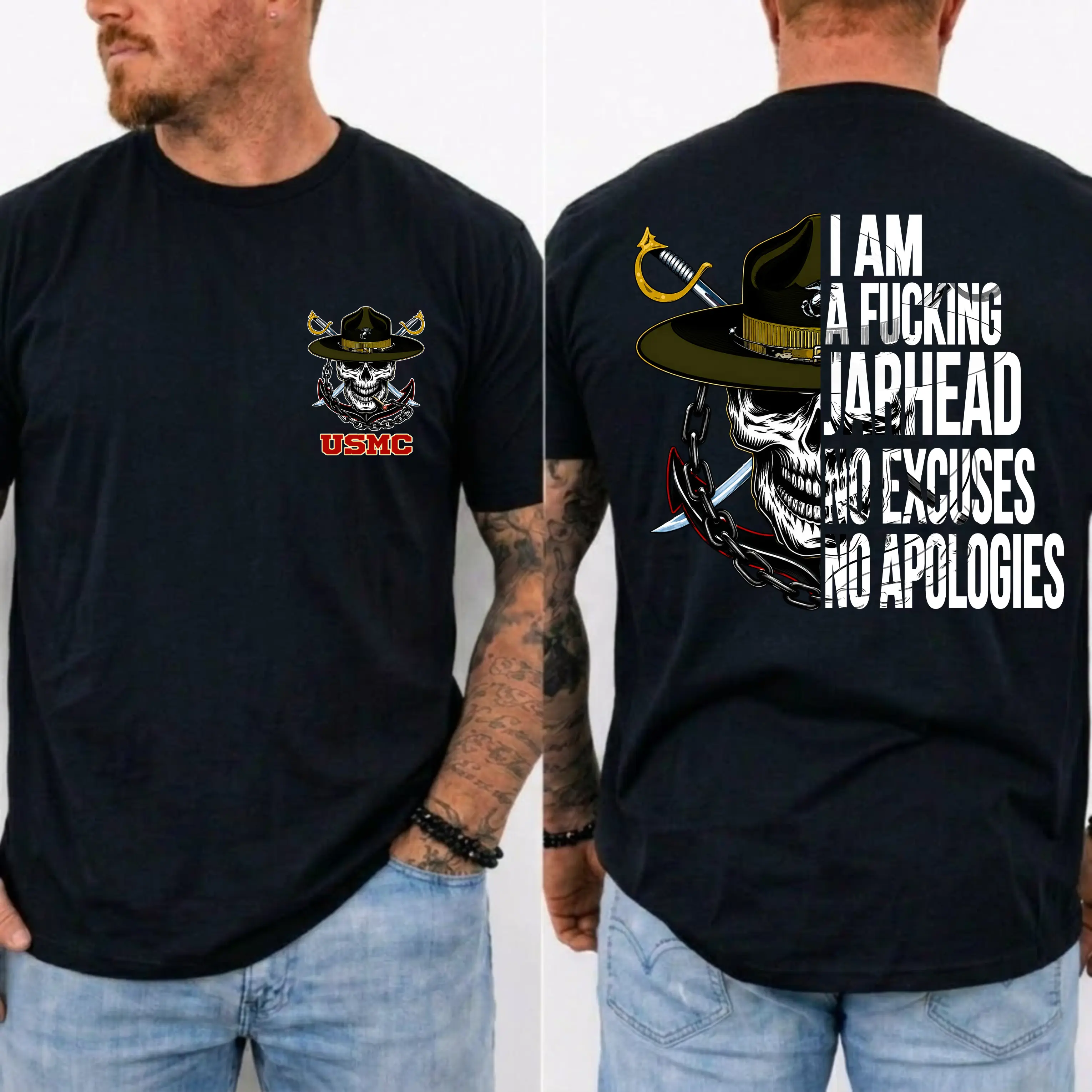 USMC Jarhead Skull T-Shirt – No Excuses No Apologies Vintage Marine Graphic Tee