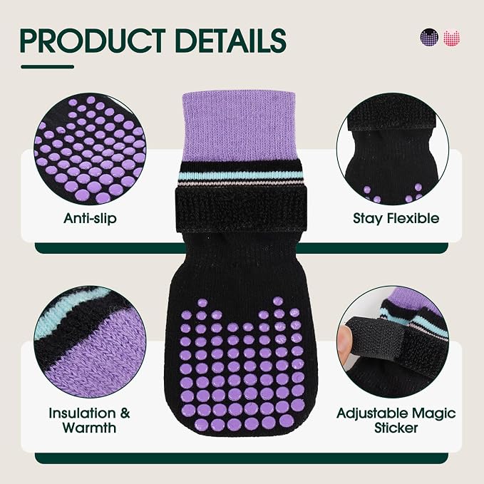 Kuoser Non Slip Dog Socks with Adjustable Strap for Small Medium Large Dogs | Double-sided silicone grips provide strong traction and prevent slipping on slick hardwood floors.