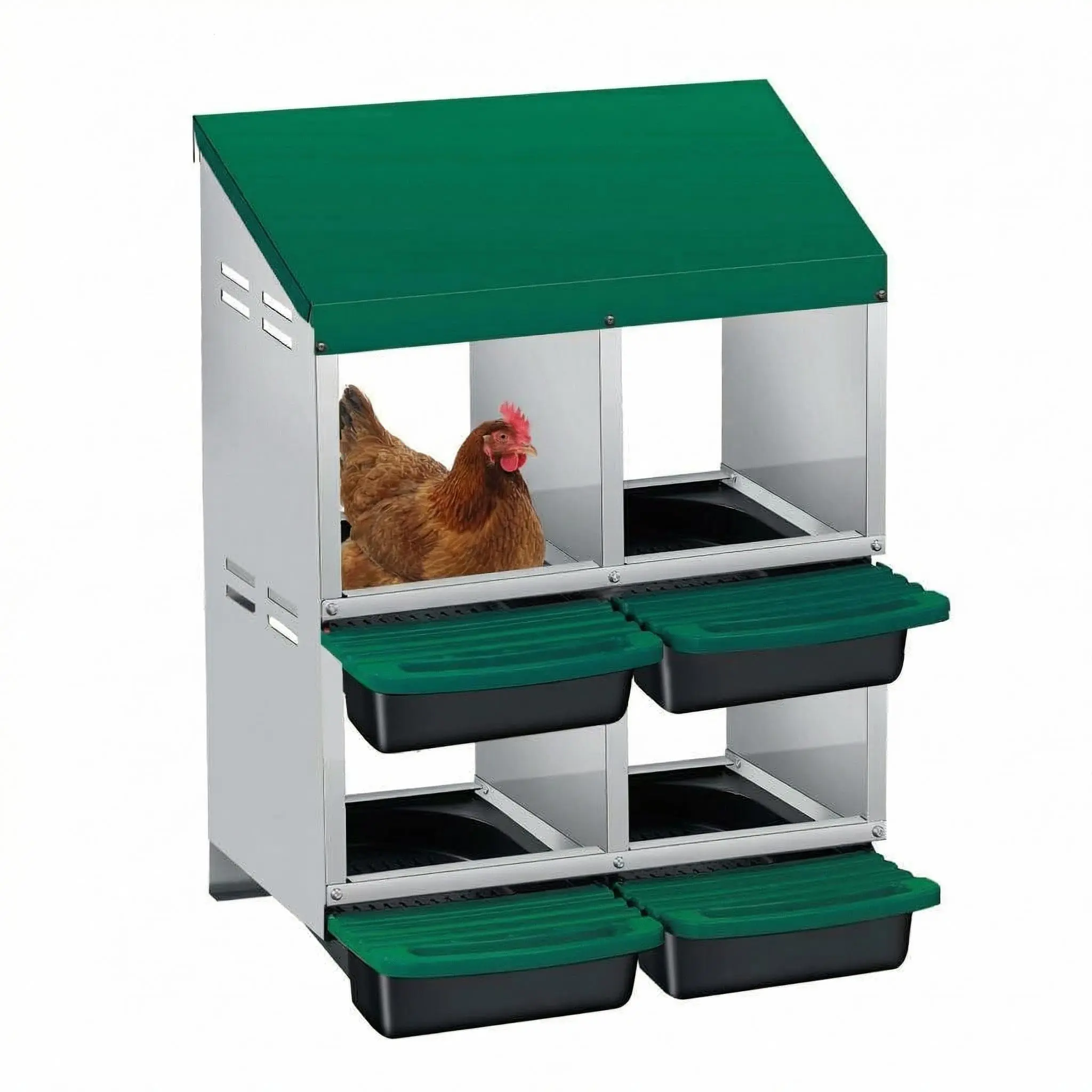 Gaomon Green Galvanized Steel Double-Layer Chicken Nesting Box - 2x2-Compartment Design with Roll-Away Tray, Plastic Handle, Optimal Ventilation, Wall-Mountable/Freestanding for Backyard Farm Chicken Coops, Year-Round Use