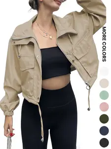 Women's Solid Zip Up Crop Jacket, Fashionable Lightweight Fabric Outerwear with Pocket, Ladies' Spring & Fall Clothes