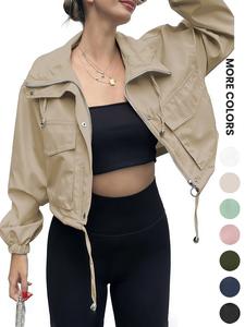 women's solid zip up crop jacket, casual fitted fashionable pocket lightweight long sleeve outerwear, ladies spring & fall clothes, clothes for women, womenswear, coats