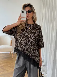Women's Casual Loose Solid Color Asymmetric Hem Silk Hollow Out T-Shirt, Comfortable and Stylish Top for Daily Wear, Perfect for Summer Womenswear
