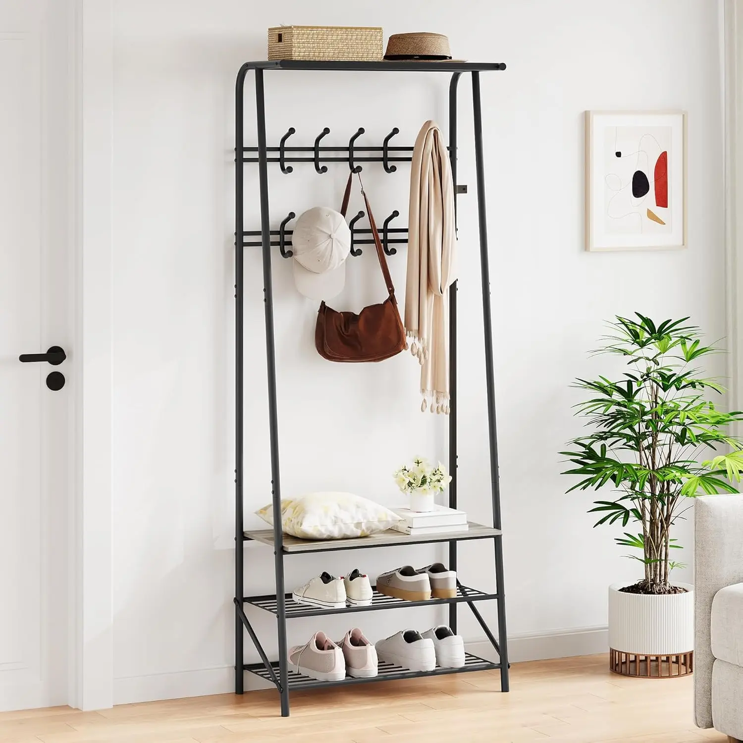 GARVEE Coat Rack Shoe Bench with 10 Hooks, Hall Trees Entryway Bench with Storage, Multifunctional Hallway Organizer, Wood Look Accent Furniture (Grey, 10 hooks-25.2 In)