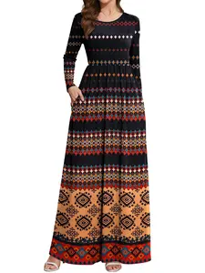 Women's Ethnic Pattern Patchwork & Geometric Print Pocket Round Neck A Line Dress, Boho Casual Long Sleeve Long Dress for Fall & Winter, Womenswear for Daily Wear