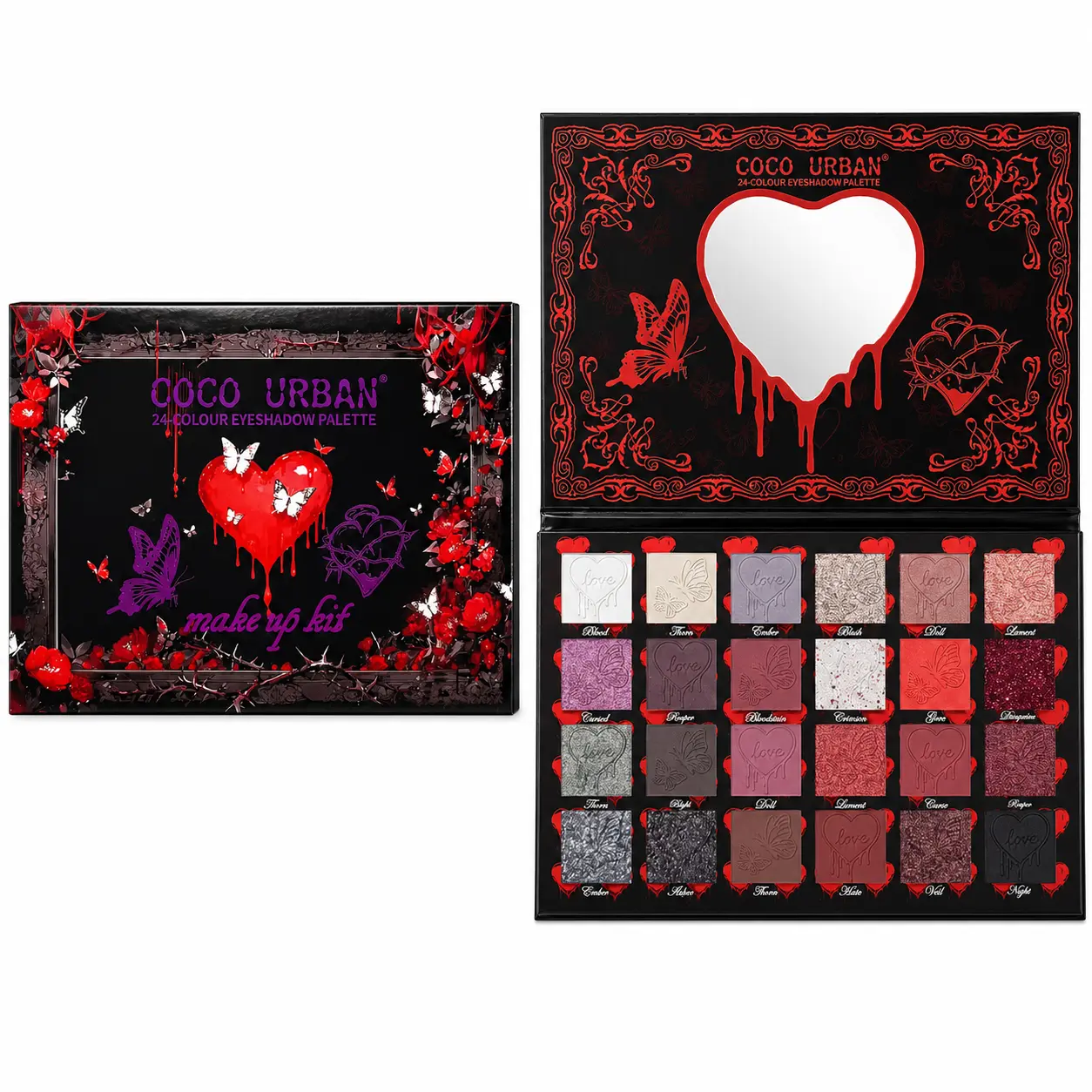 Women's 24-Color Gothic Eyeshadow Palette with Heart Mirror, Matte & Shimmer Highly Pigmented Red-Black Smokey Eye Set, Limited Edition Soft Glam Halloween Perfect Gift, Valentine’s Day, Long Lasting, Horror Makeup Eyeshadow
