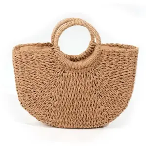 Handcrafted Woven Straw Tote Bag with Round Handles for Summer Beach & Market Use