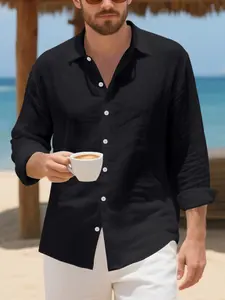 Men's solid-color linen long-sleeved shirt - loose fit. Suitable for both casual and business wear. Perfect for beach vacations, short coastal trips, and summer leisure outings.